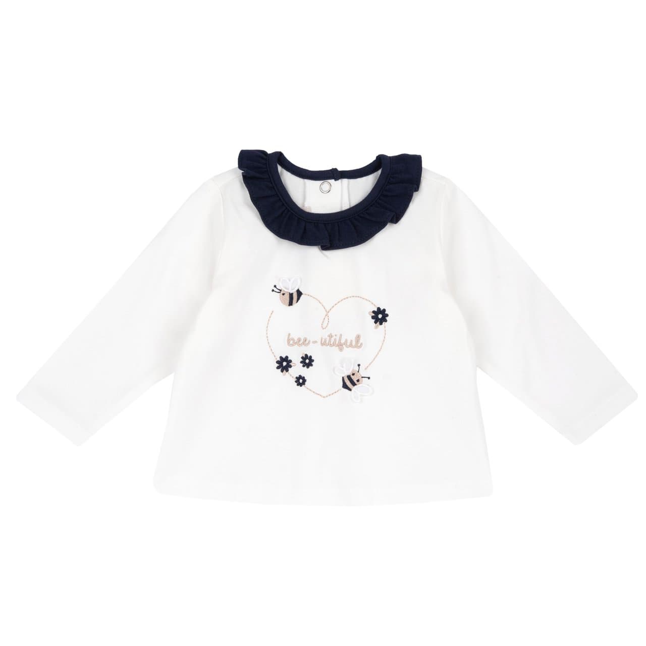Maglietta a manica lunga Chicco per bambina in jersey elasticizzato bianco con ricamo floreale e api in organza, perfetta per l'autunno/inverno. | Chicco