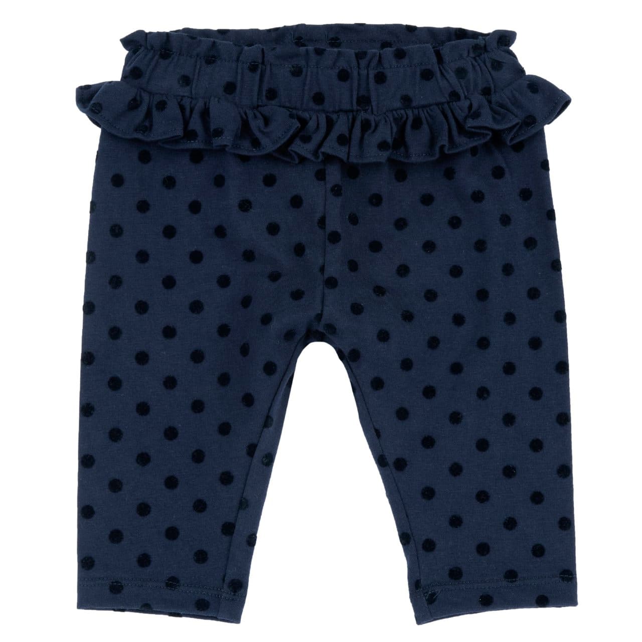 Leggings lunghi blu Chicco per bambina con stampa a pois flock, vita elasticizzata e rouches, in jersey 95% cotone elasticizzato. | Chicco