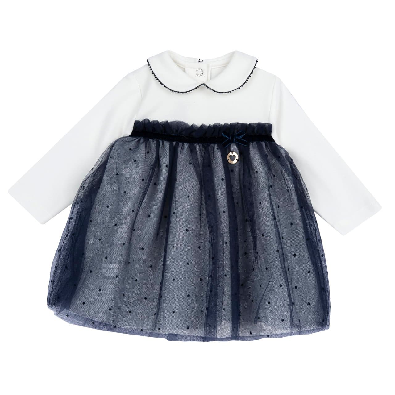 Vestito elegante a manica lunga Chicco per bambina in interlock elasticizzato con tulle a micro pois flock, nastro decorativo e medaglietta a cuore. | Chicco