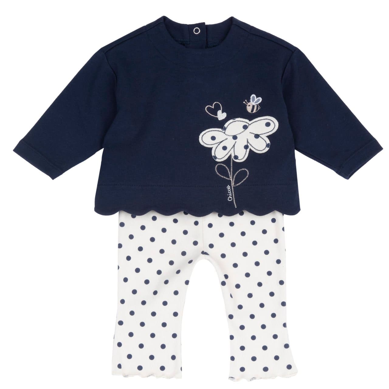 Completo Chicco per bambina autunno/inverno: maglia bianca con ricamo floreale, ape e alette in organza, leggings a pois con vita elastica. | Chicco