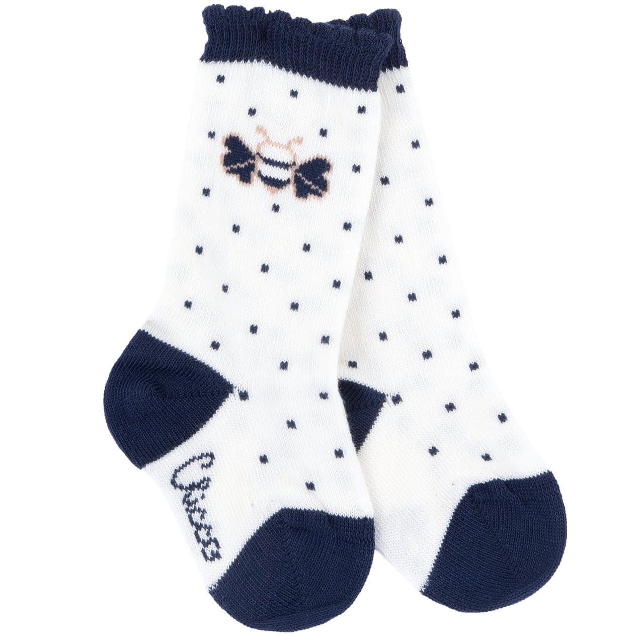 Calzini gambaletto jacquard Chicco per bambina, bianchi con fantasia a pois e ape, misto cotone caldo per autunno/inverno. | Chicco