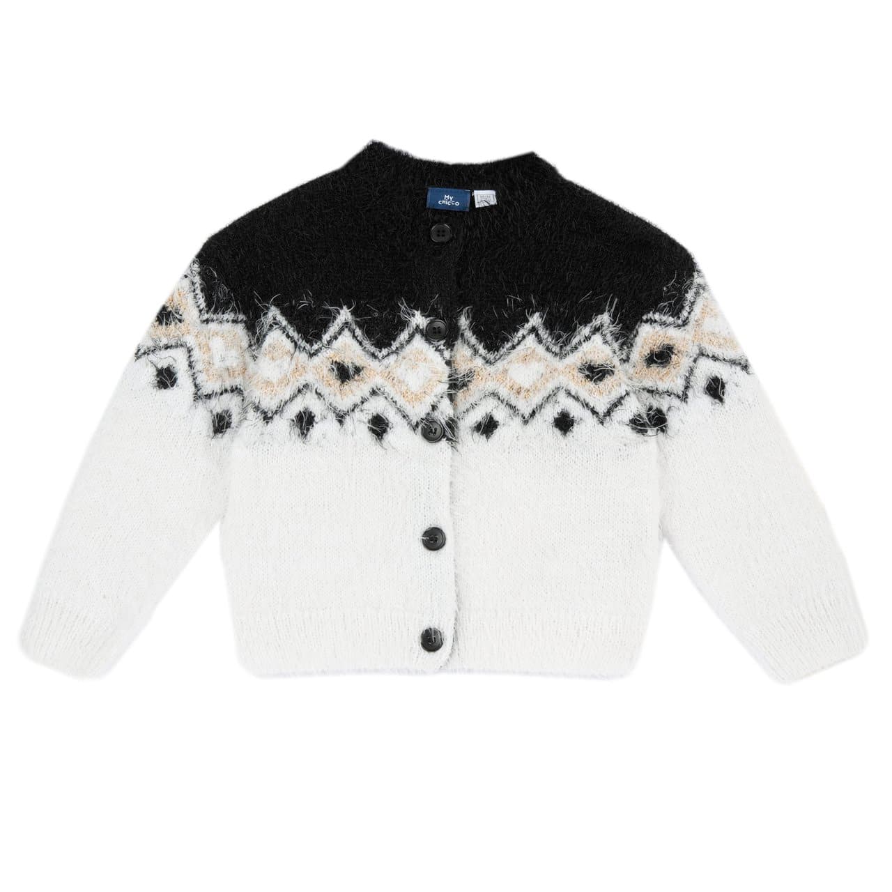 Cardigan in maglia Chicco bianco per bambina con dettagli luminosi e fantasia geometrica, ideale per l'autunno/inverno. | Chicco