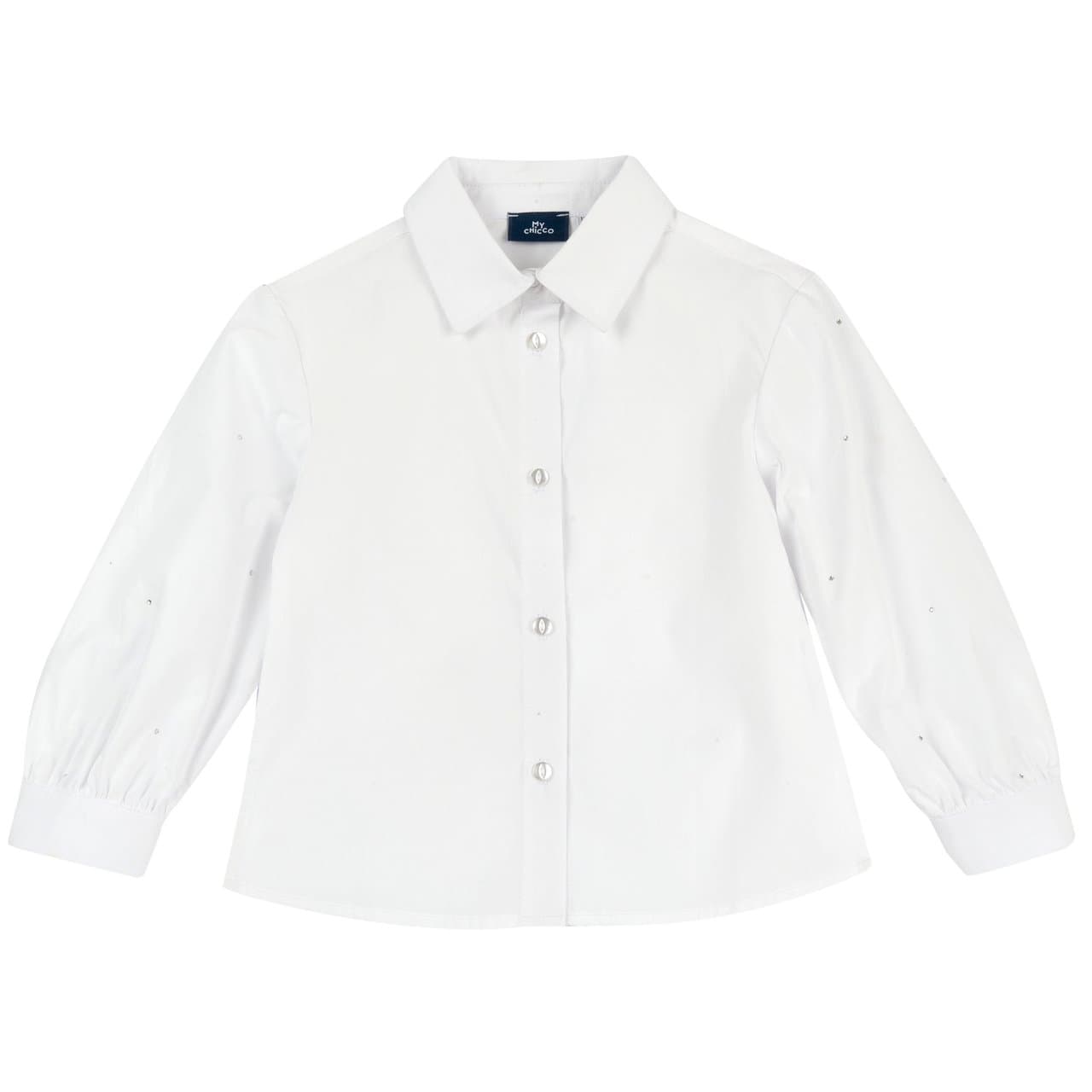Camicia a manica lunga Chicco bianca in popeline di cotone per bambina, con dettagli decorativi sulle maniche. | Chicco