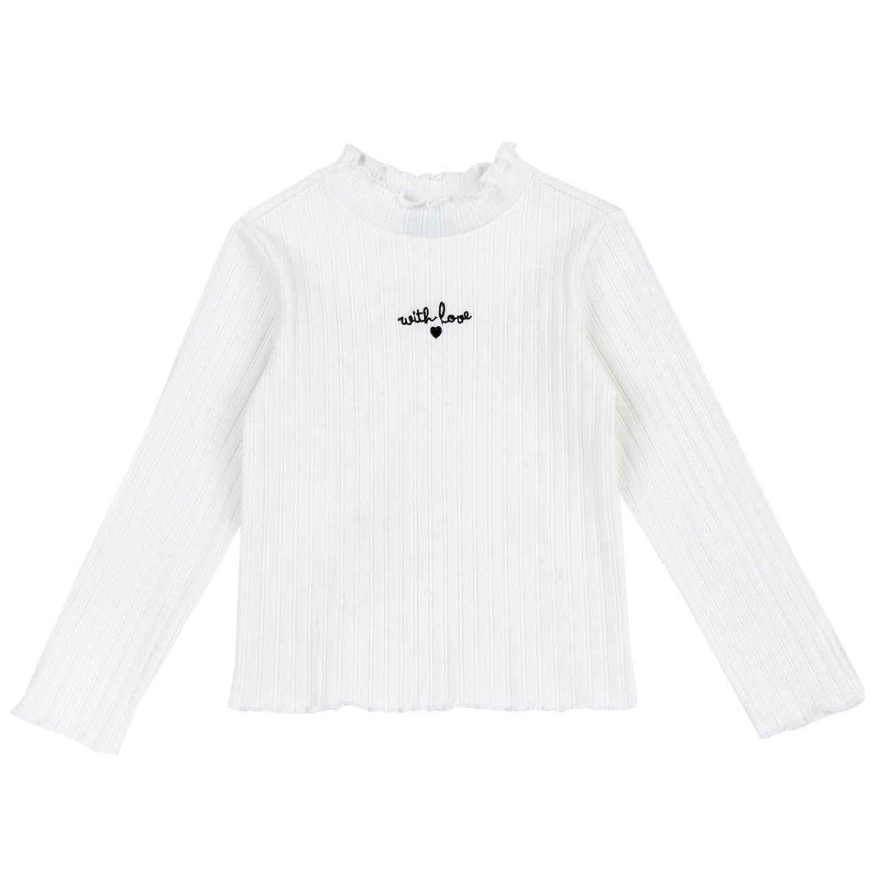 Maglietta a manica lunga Chicco per bambina con collo lupetto in costina elasticizzata di cotone bianco, ricamino frontale a contrasto e frill su collo, polsini e fondo. | Chicco