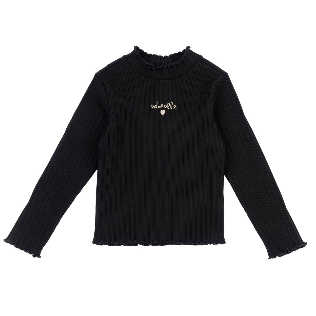 Maglietta a manica lunga Chicco per bambina con collo lupetto in costina elasticizzata di cotone bianco, ricamino frontale a contrasto e frill su collo, polsini e fondo. | Chicco