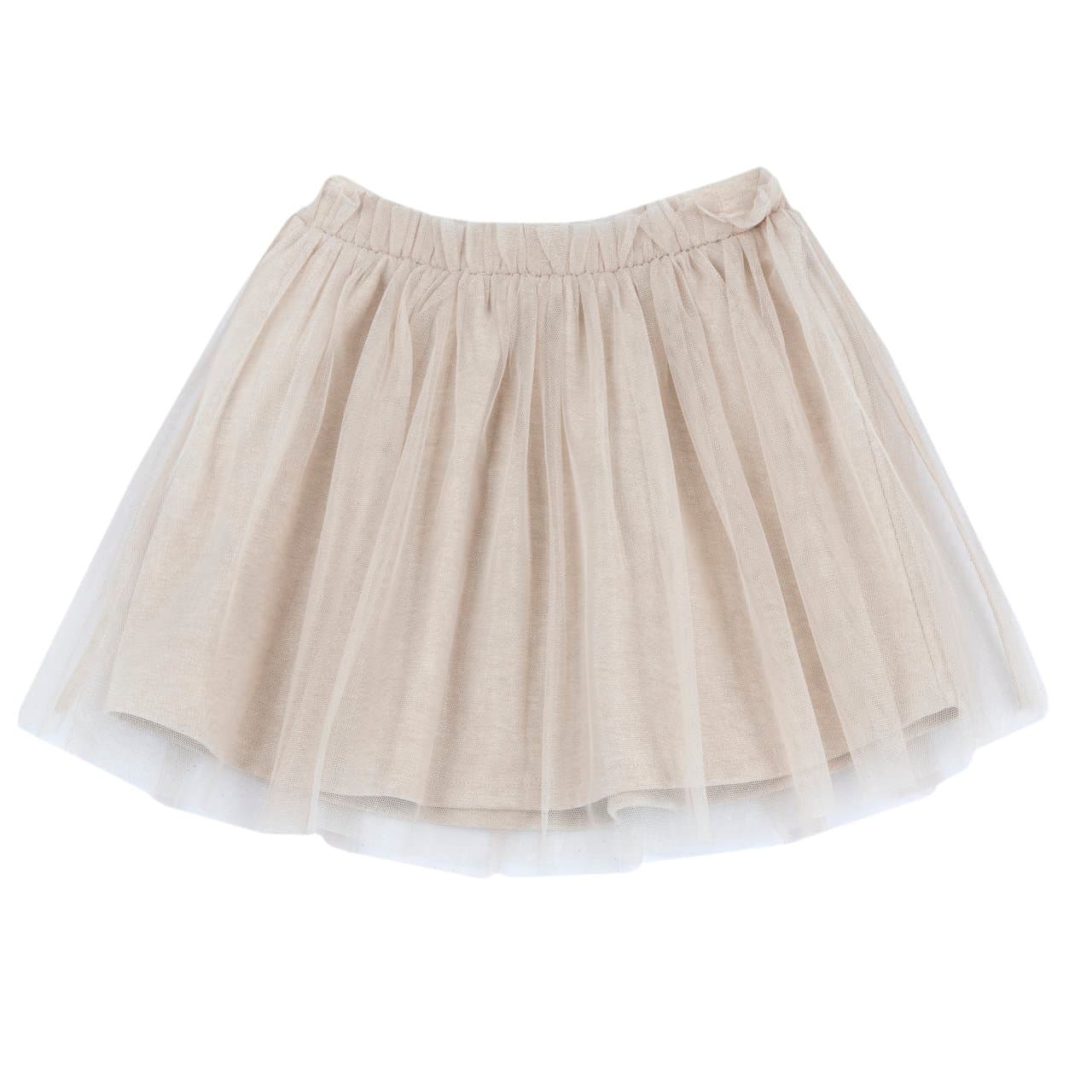 Gonna in tulle beige Chicco per bambina con filato luminoso, vita elasticizzata e fodera in cotone mélange, ideale per occasioni fuori casa. | Chicco