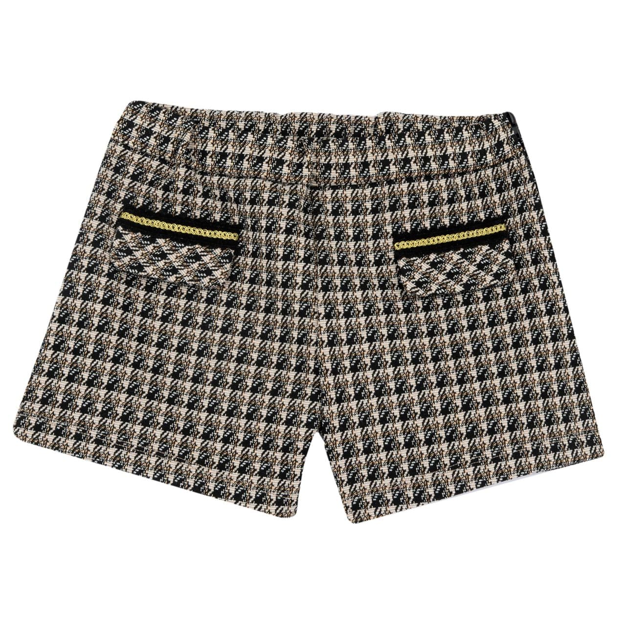 Pantaloni corti grigi da bambina Chicco in Punto Milano jacquard, con vita elasticizzata regolabile, chiusura laterale con zip e finte tasche con nastro effetto velluto e filo luminoso. | Chicco