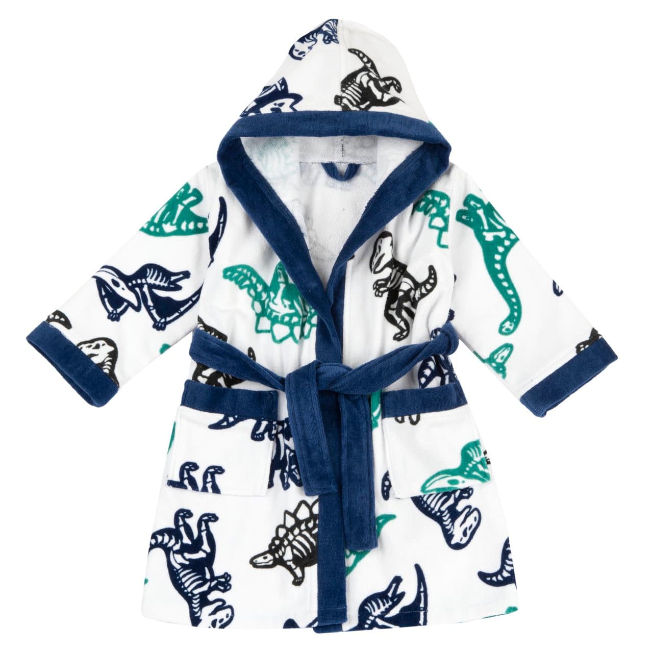 Accappatoio Chicco per bambino in spugna di cotone bianca con divertente fantasia di dinosauri, dotato di cappuccio e cintura regolabile. | Chicco