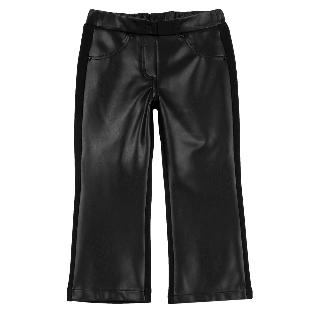 Pantaloni lunghi neri da bambina Chicco con tessuto spalmato su vita e parte anteriore, retro in Punto Milano e tasche anteriori con rivetti a cuore. | Chicco