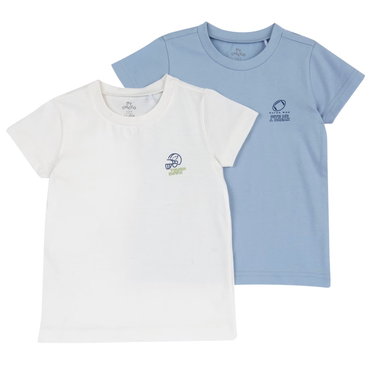 Set due magliette intime a manica corta Chicco azzurre in jersey di cotone con stampa, certificate Oeko-Tex, per bambino. | Chicco