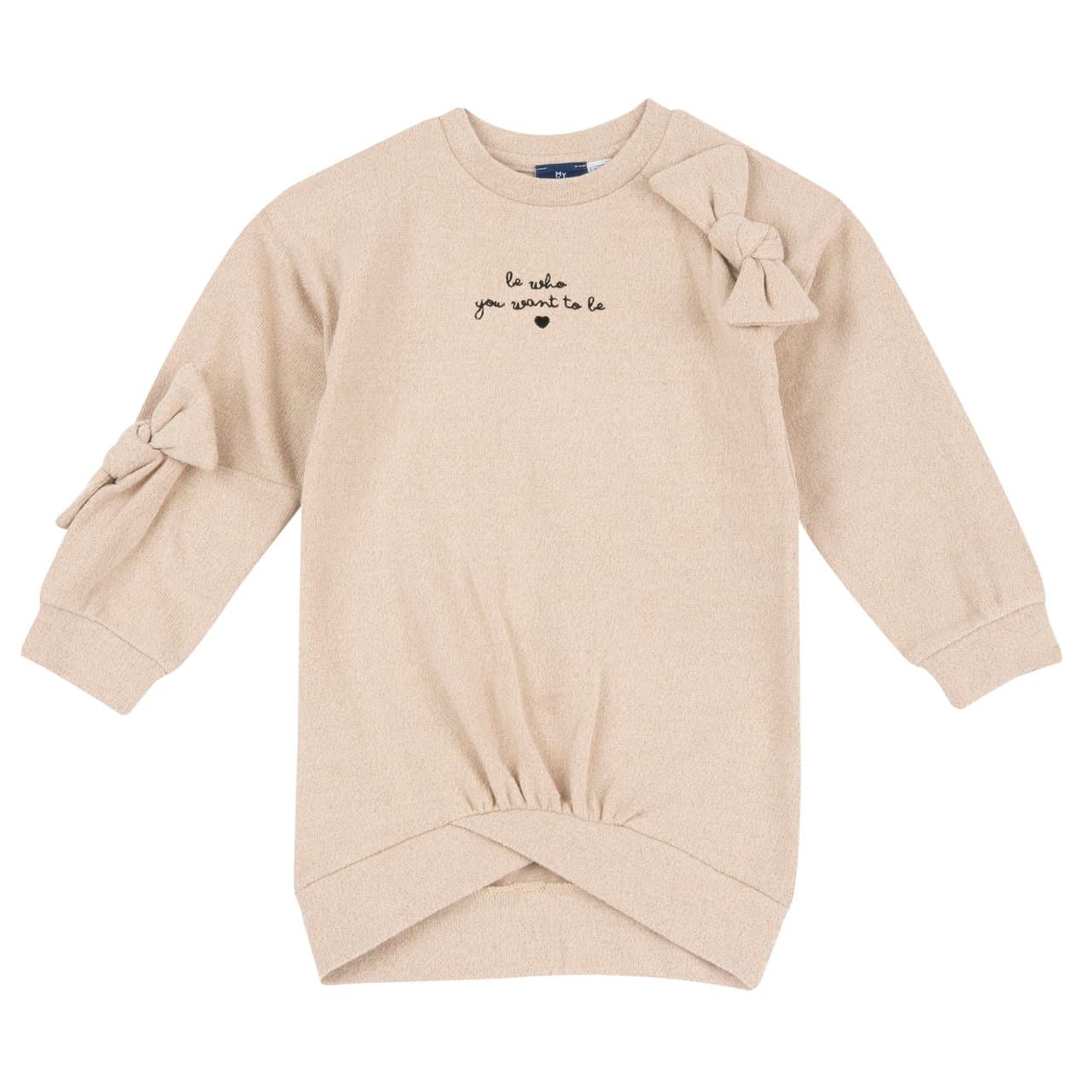 Vestito Chicco a manica lunga per bambina in felpa effetto maglia mélange bianca con filato luminoso, scritta ricamata, fiocchi decorativi e fondo arricciato più corto. | Chicco