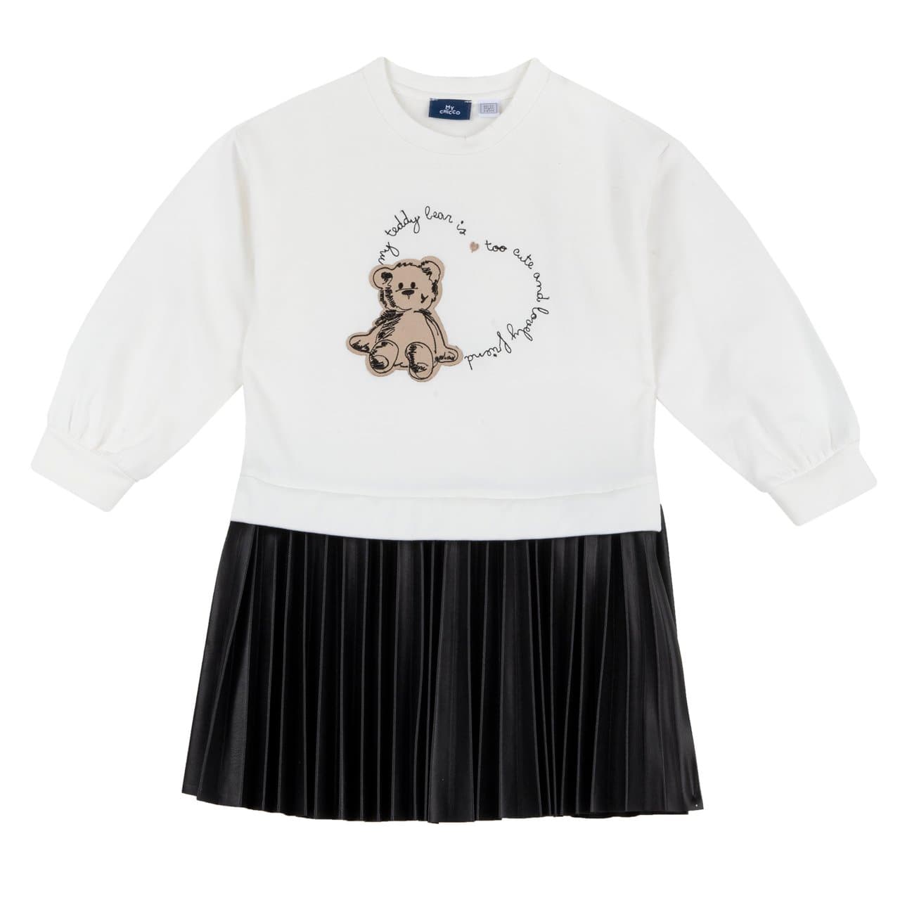 Vestito Chicco a manica lunga per bambina in felpa garzata di cotone elasticizzato, con gonna plissettata bianca in tessuto spalmato e applicazione orsetto ricamato. | Chicco