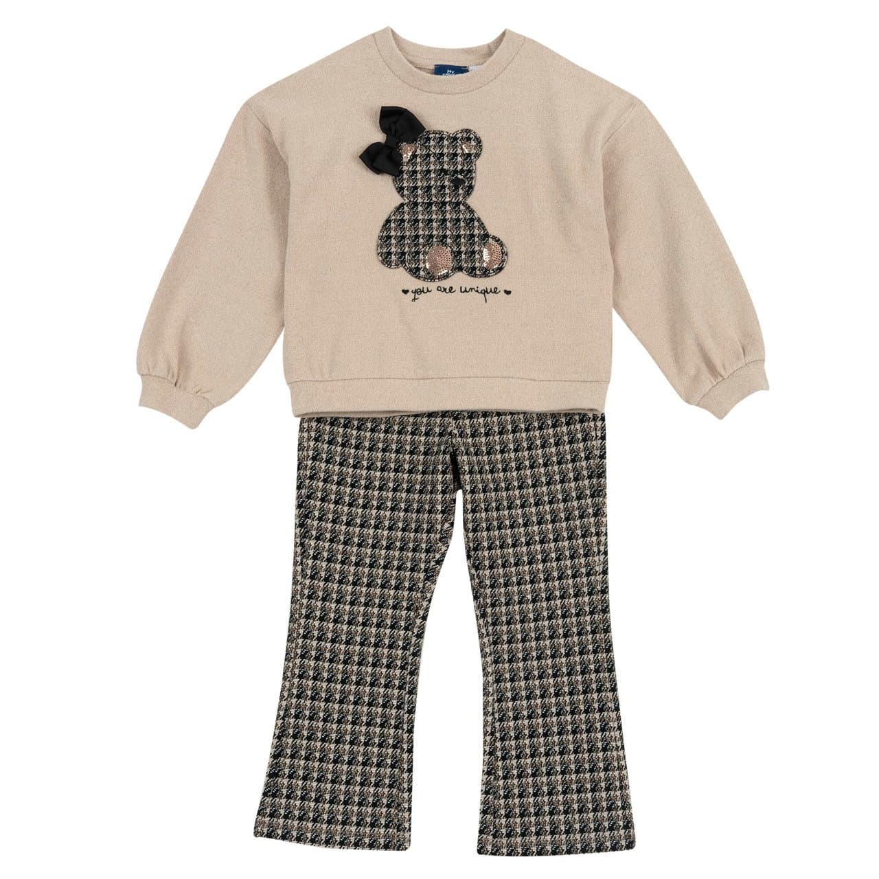 Completo felpa e leggings da bambina Chicco bianco in tessuto mélange con filato luminoso, paillettes e fiocco, e leggings svasati in Punto Milano jacquard. | Chicco