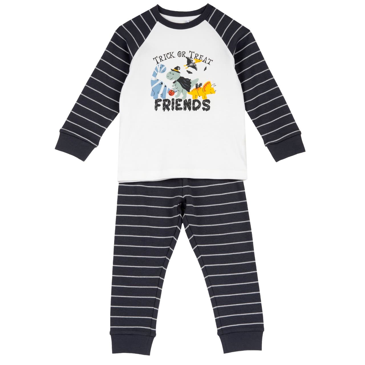 Pigiama lungo Halloween Chicco in cotone grigio per bambino, con maglia a tema e pantaloni rigati tinto filo, vita elasticizzata e polsini in costina. | Chicco