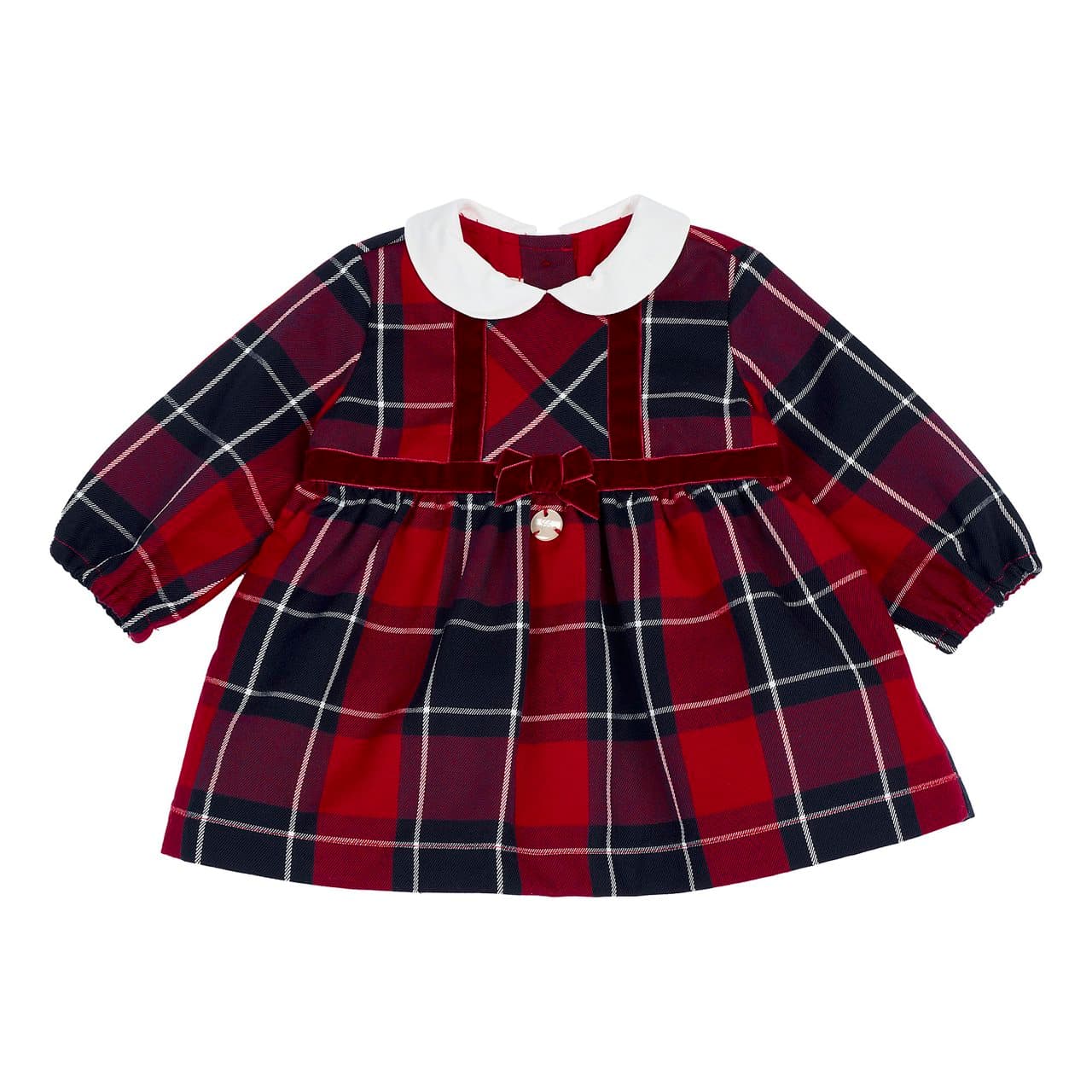 Vestito a manica lunga Chicco blu in flanella con motivo tartan, colletto baby, fiocco in velluto e medaglietta madreperla, ideale per bambina autunno/inverno. | Chicco