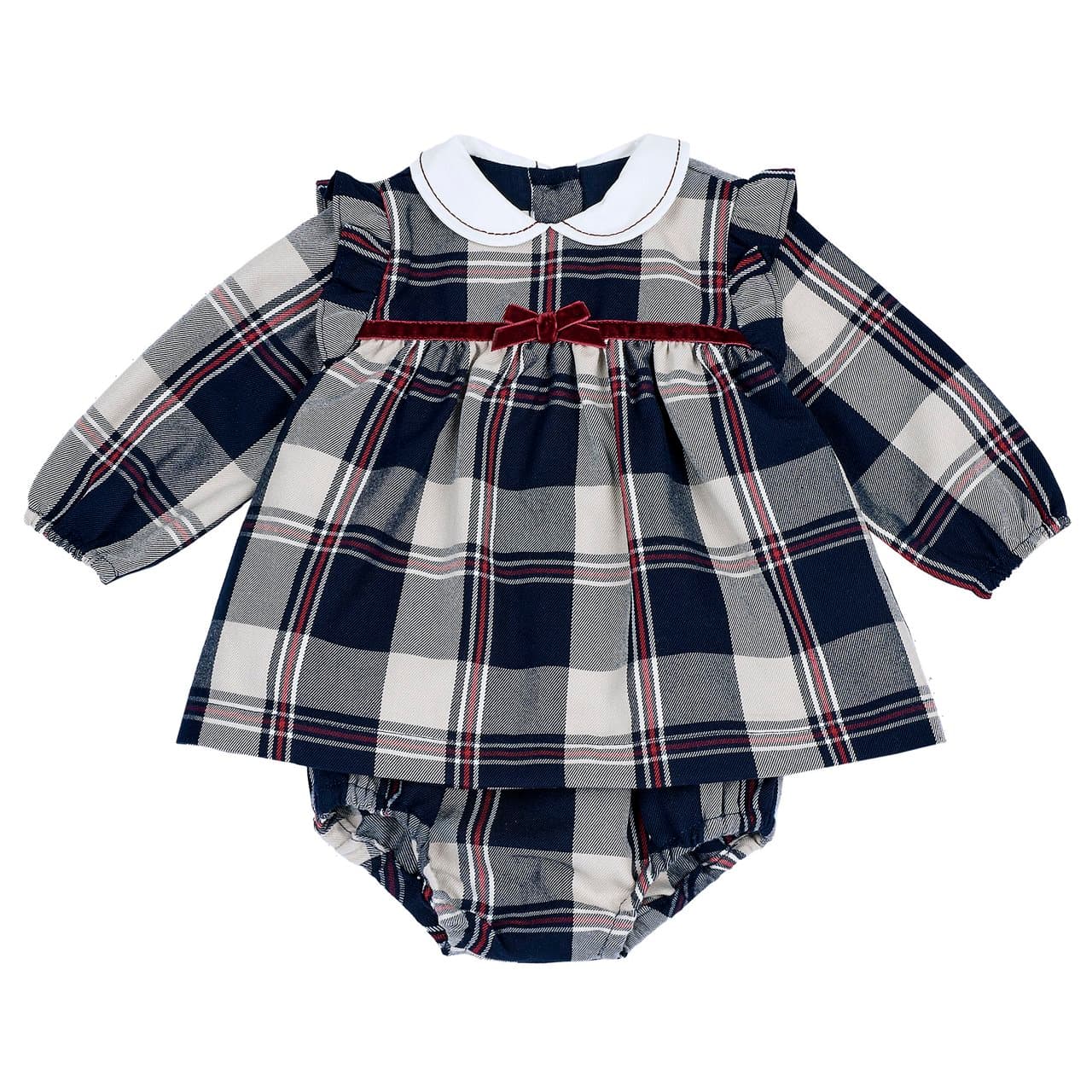 Vestito con culotte Chicco blu per bambina, con maniche lunghe, colletto baby e culotte in flanella tartan, rifinito con fiocco in velluto. | Chicco