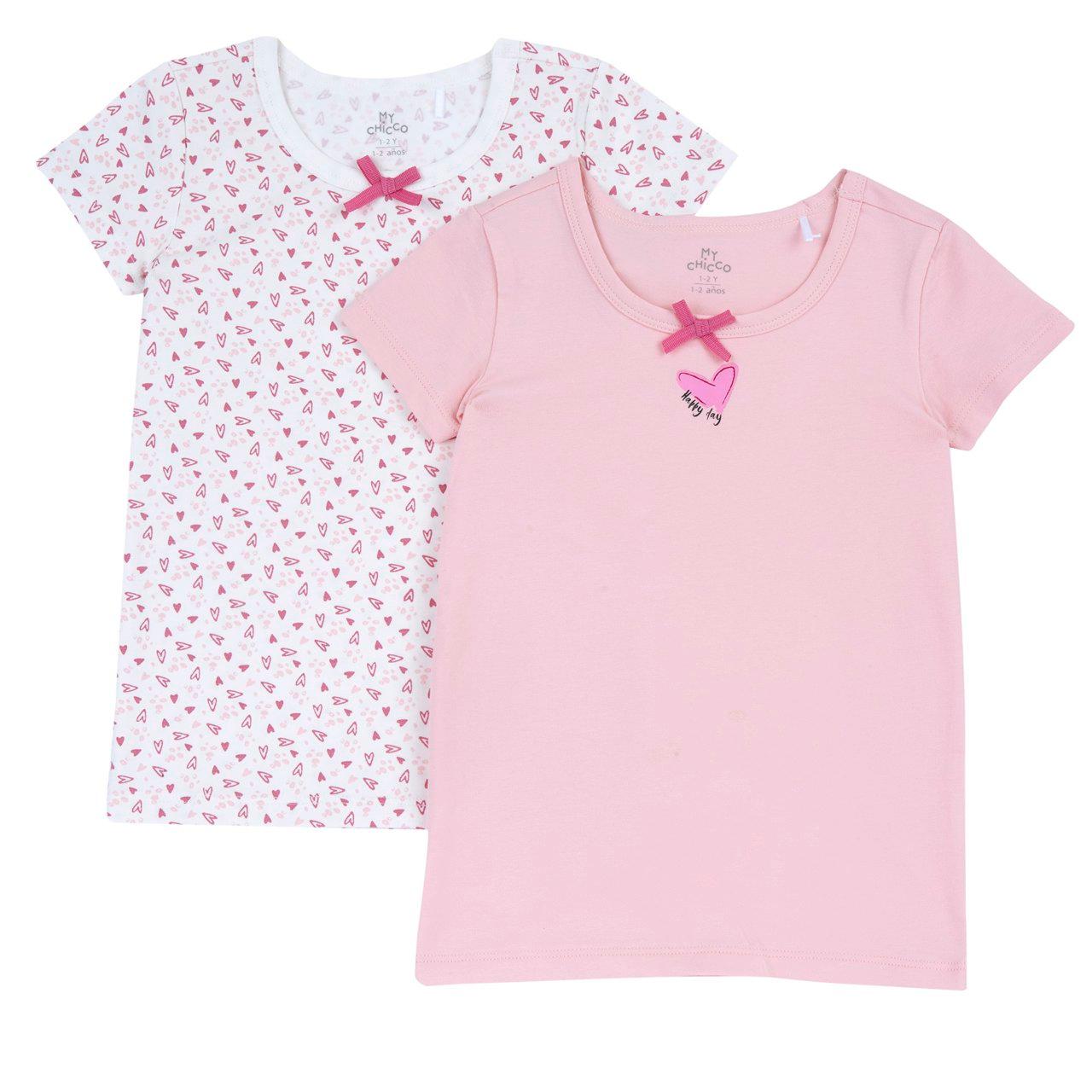 Set due magliette intime a manica corta Chicco per bambina, rosa, una tinta unita e una fantasia, in costina con fiocchetto, certificate Oeko-Tex. | Chicco