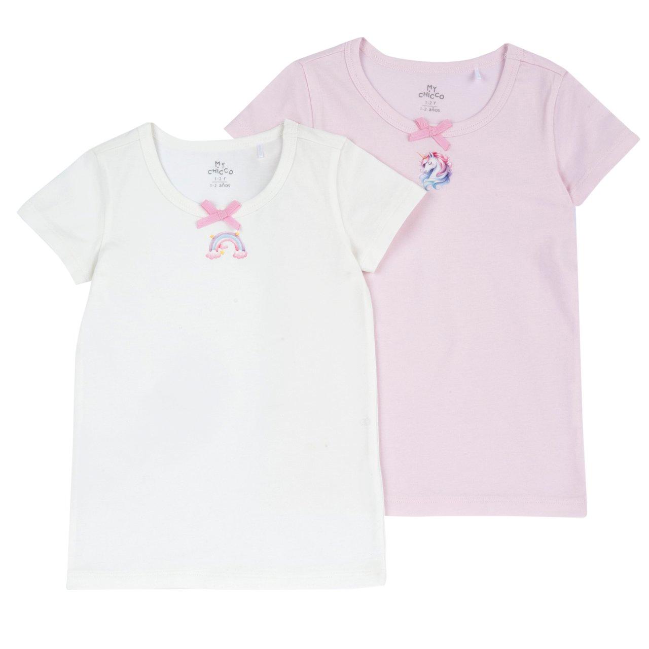 Set 2 magliette intime Chicco bambina manica corta in costina di cotone bianco con stampa decorativa e fiocchetto. | Chicco