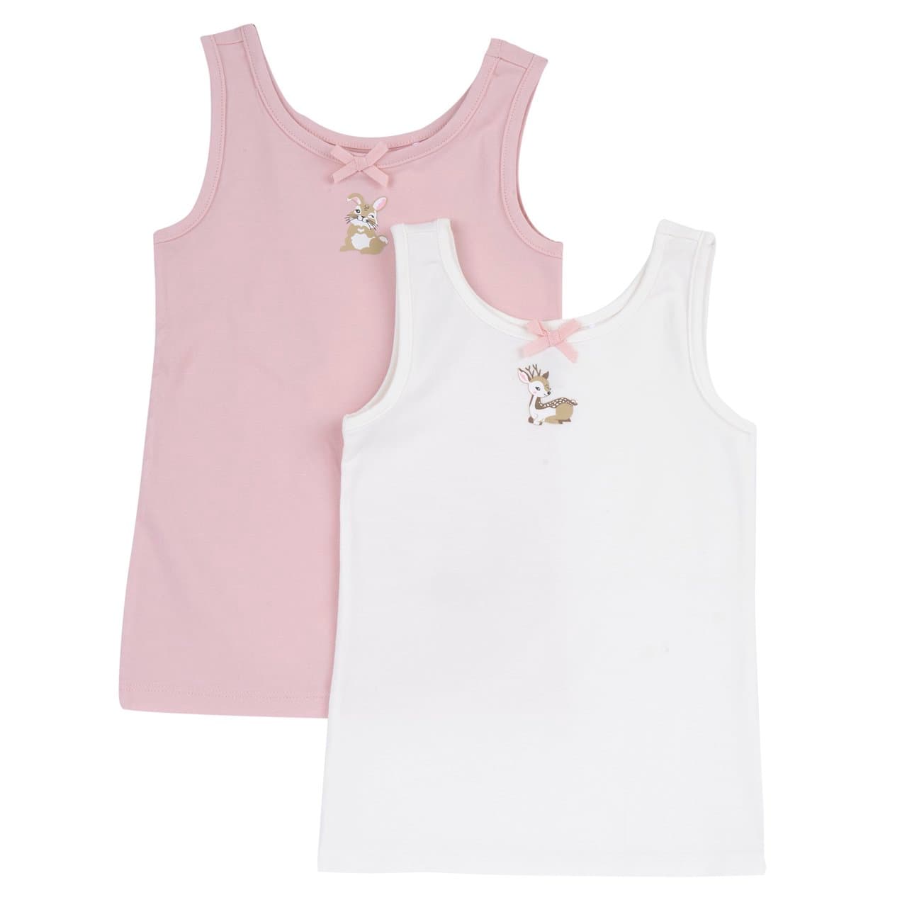 Set di 2 canottiere intime Chicco da bambina in costina rosa tinta unita, spalla larga, con stampa decorativa e fiocchetto, certificate Oeko-Tex. | Chicco