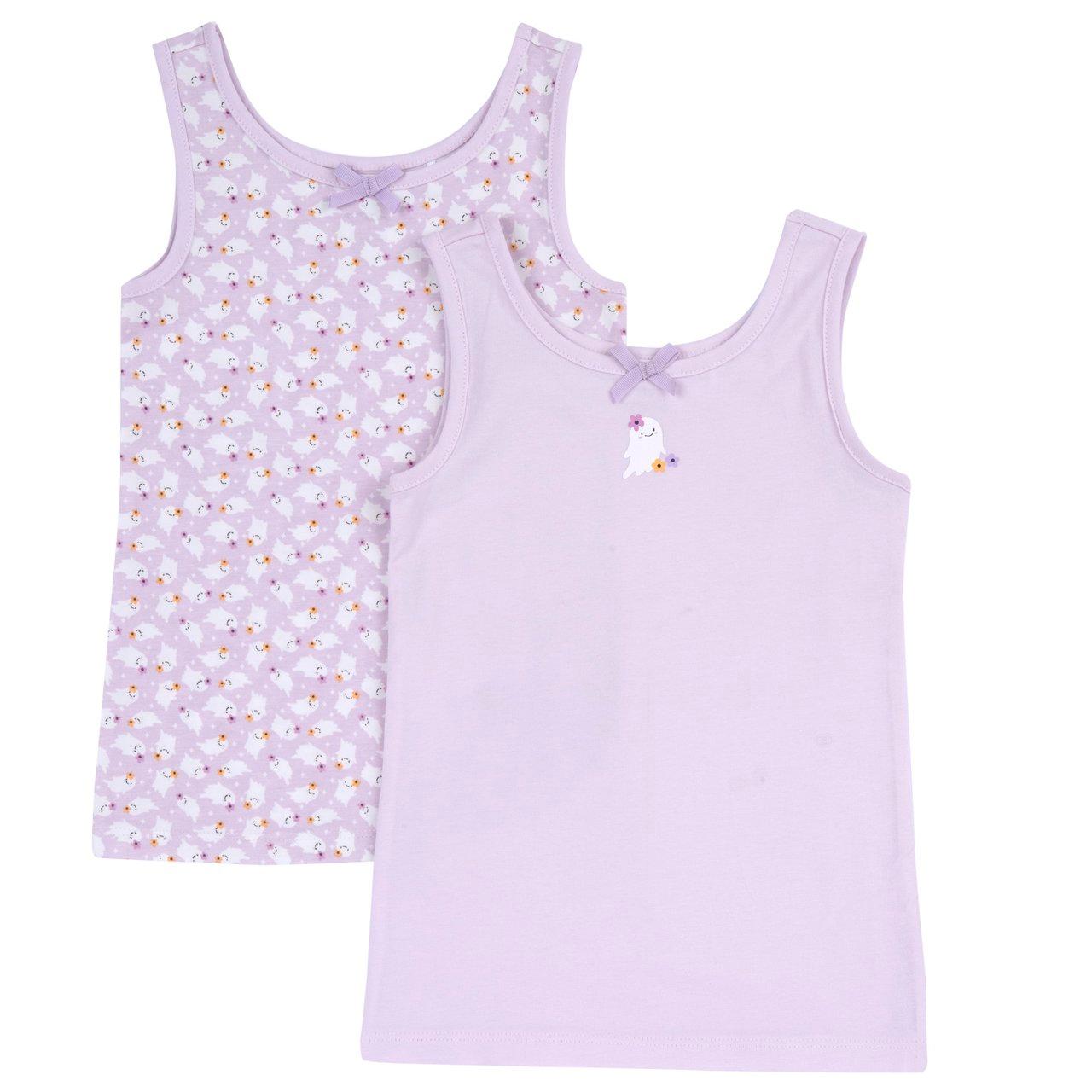 Set di due canottiere intime Chicco a spalla larga per bambina in costina viola, una tinta unita e una con stampa, con fiocchetto e cuciture morbide, Oeko-Tex. | Chicco
