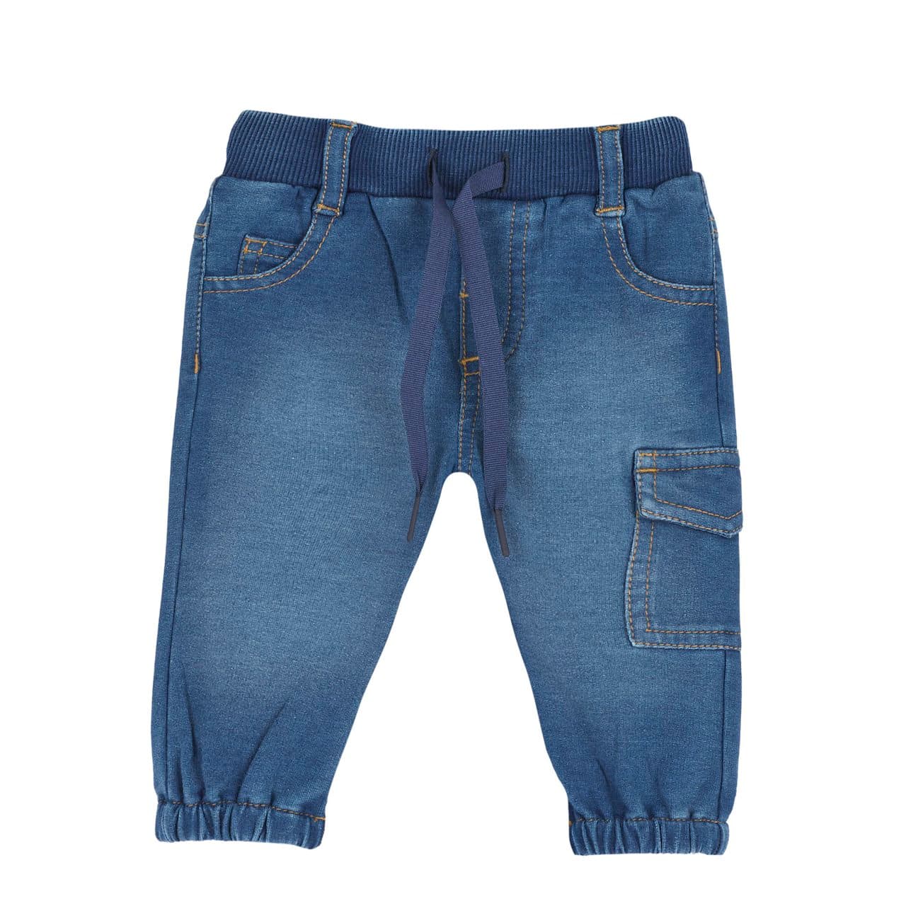 Pantaloni lunghi bambino Chicco in felpa effetto denim blu, con tascone laterale e fondo gamba elasticizzato, ideali per l'autunno/inverno. | Chicco