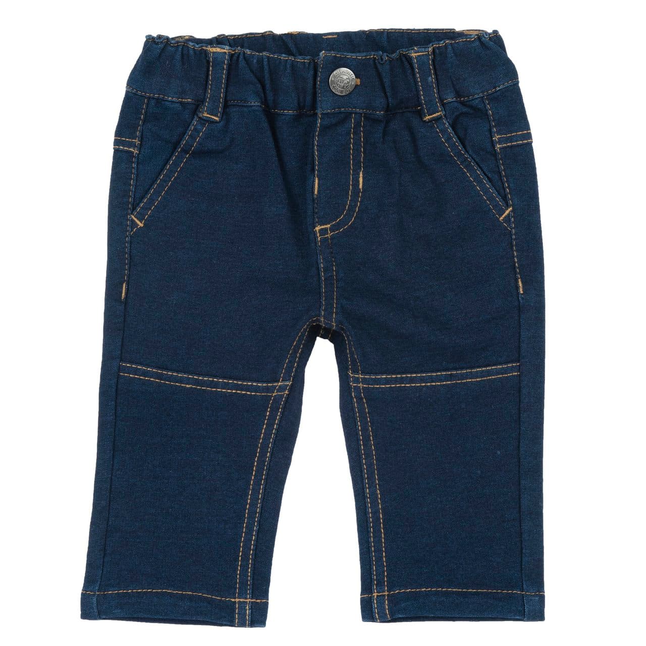 Pantaloni lunghi da bambino Chicco effetto denim blu con impunture a contrasto e vita elasticizzata, ideali per l'autunno/inverno. | Chicco