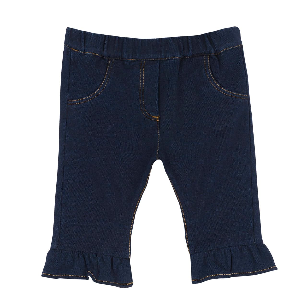 Pantaloni lunghi da bambina Chicco in felpa effetto denim blu con vita elasticizzata e balze sul fondo gamba, ideali per l'autunno/inverno. | Chicco