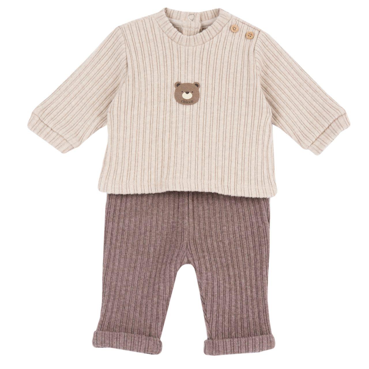 Completo maglia e pantaloni Chicco unisex neonato in costina elasticizzata bianca, con bottoncini effetto legno e risvolto sui pantaloni. | Chicco
