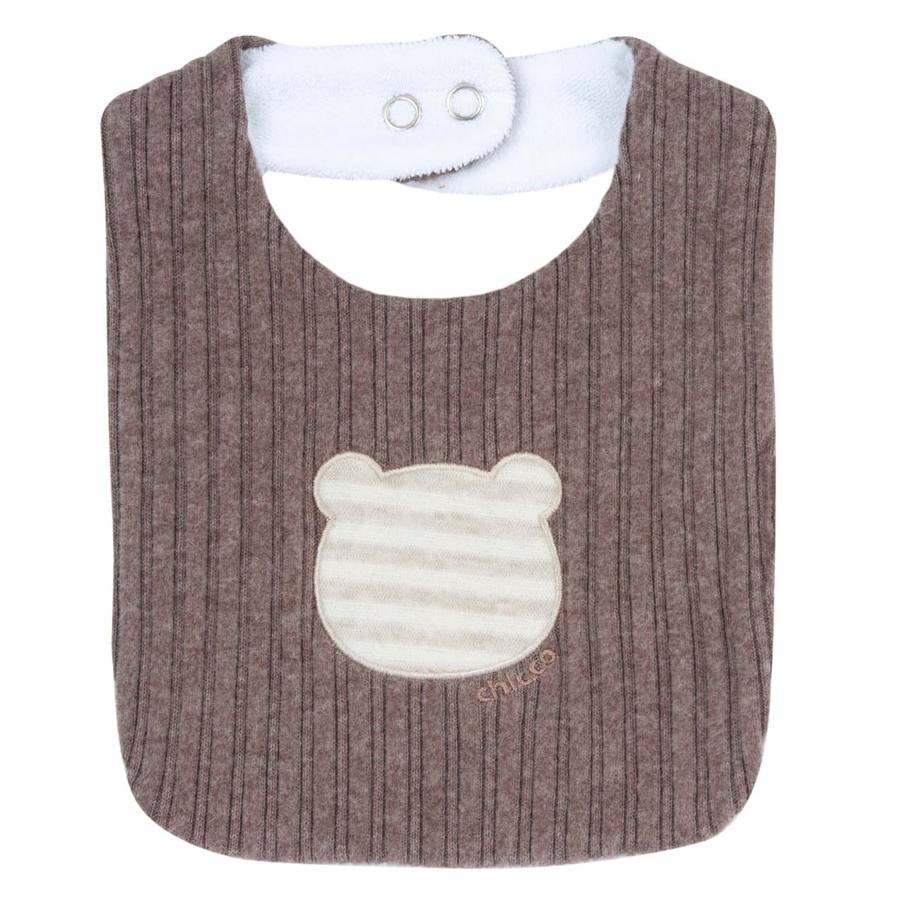 Bavaglino unisex Chicco bianco in costina elasticizzata con applicazione orsetto ricamato e retro in spugna assorbente, chiusura automatica regolabile. | Chicco