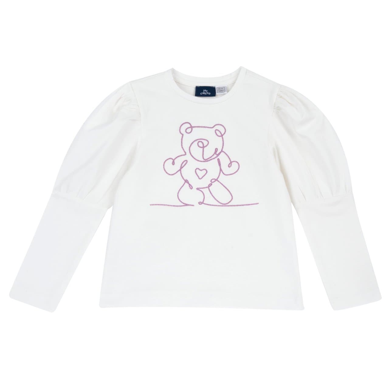 Maglietta a manica lunga Chicco bianca in jersey di cotone elasticizzato per bambina, con stampa orsetto effetto cordoncino e maniche a palloncino. | Chicco