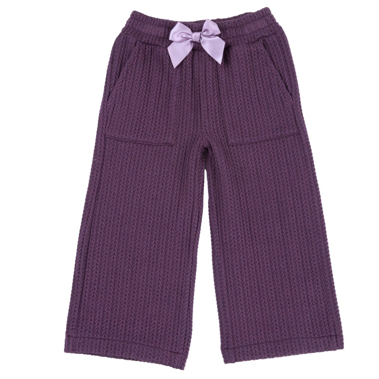 Pantaloni lunghi Chicco viola da bambina in felpa effetto maglia a trecce, con gamba ampia, tasche applicate, vita elasticizzata e fiocco in raso, ideali per l'autunno/inverno. | Chicco
