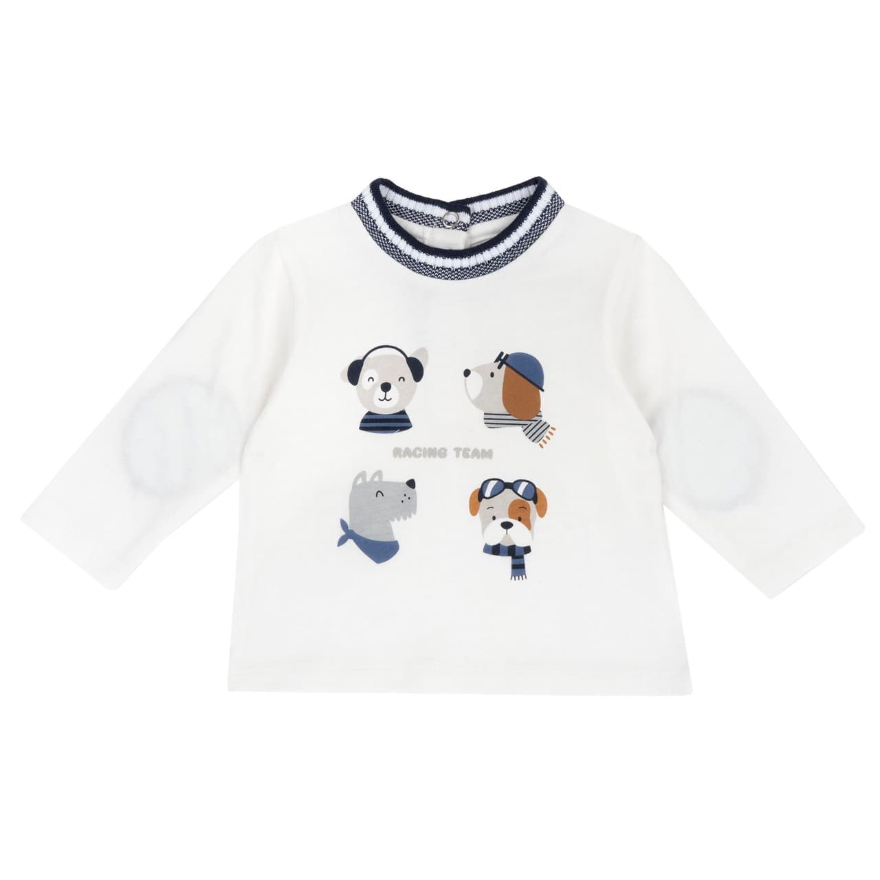Maglietta a manica lunga Chicco bianca in 100% cotone per bambino, con girocollo a righe, toppe sui gomiti e stampa effetto vellutato. | Chicco