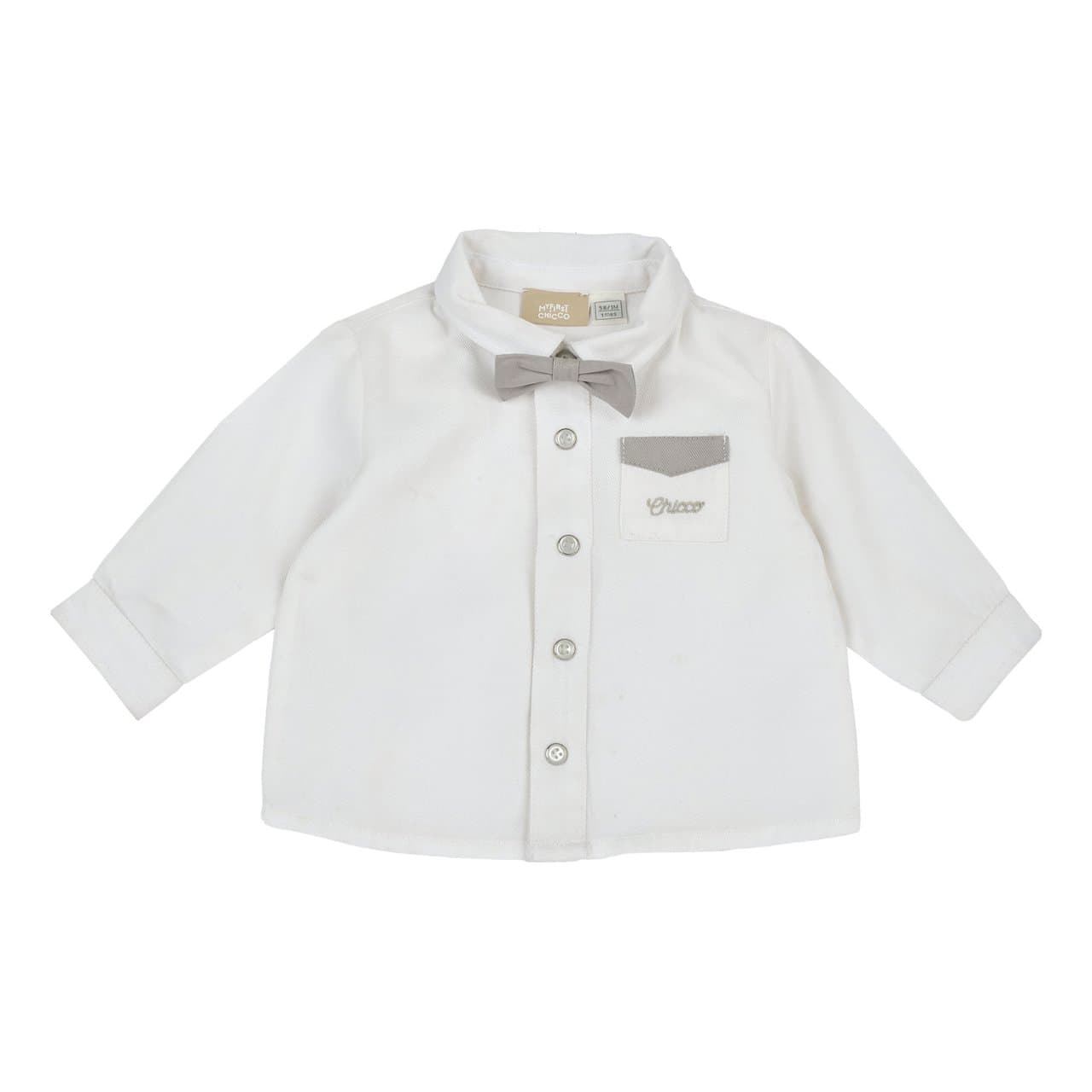 Camicia a manica lunga Chicco bianca in twill di cotone per bambino, con papillon grigio chiaro removibile e bottoni automatici effetto madreperla. | Chicco