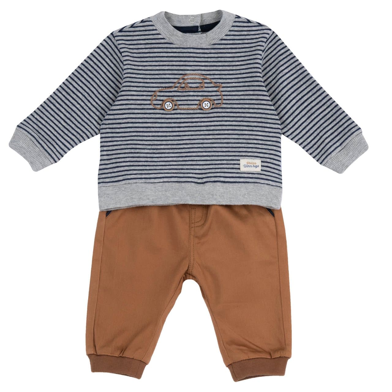 Completo felpa e pantaloni Chicco beige in costina mélange a righe con ricamo macchinina, certificato Oeko-Tex. | Chicco