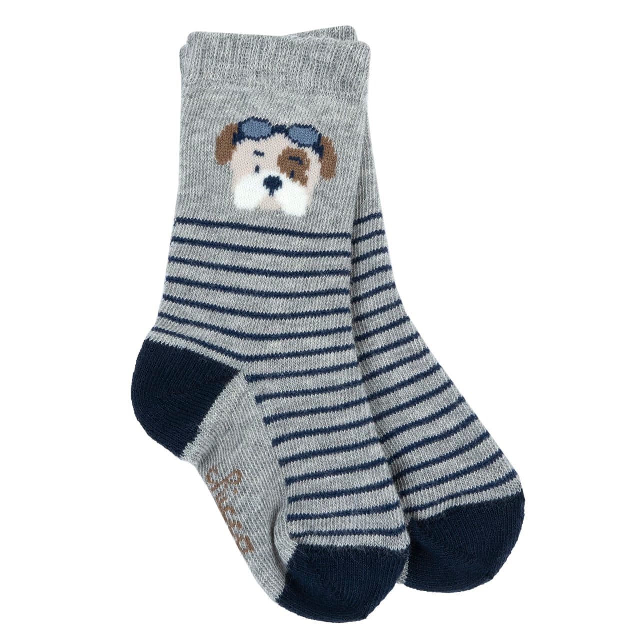 Calzini gambaletto Chicco grigi in misto cotone per bambino, con motivo jacquard a righe e cagnolino aviatore, ideali per autunno/inverno. | Chicco