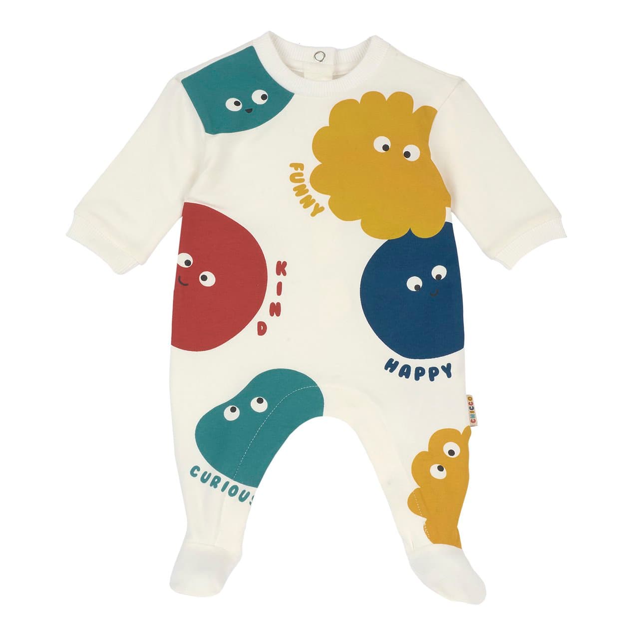 Tutina unisex Chicco bianca in felpa elasticizzata con grafica stampata e apertura interna gamba per facilitare la vestizione. | Chicco
