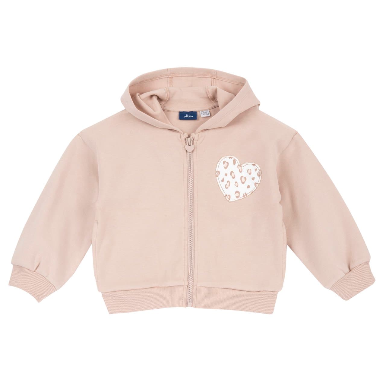 Felpa con cappuccio e zip Chicco rosa da bambina in interlock di cotone elasticizzato, con stampa maculata frontale e tiretto a cuore smaltato. | Chicco