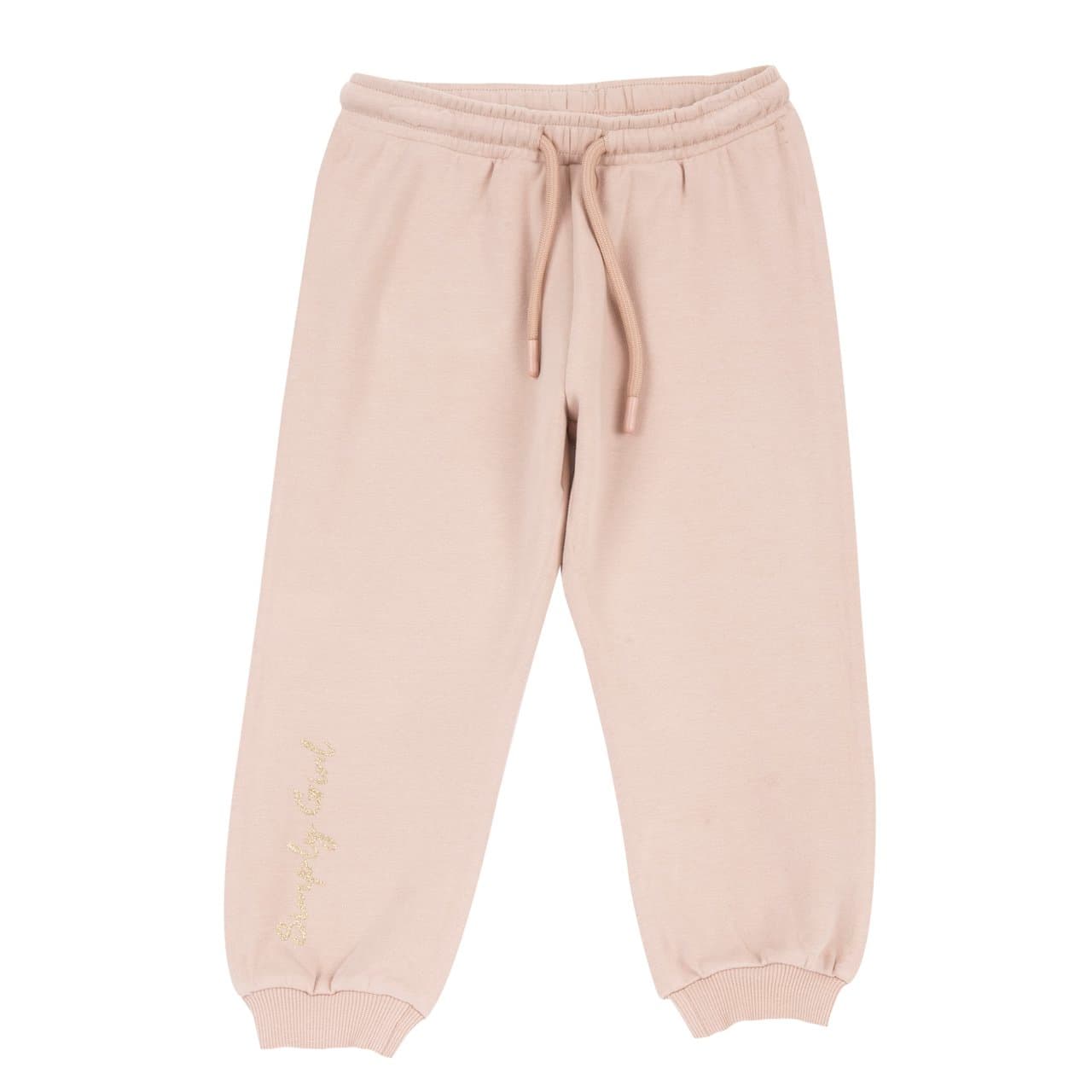 Pantaloni jogger Chicco rosa in interlock di cotone elasticizzato per bambina, con vita regolabile e stampa glitter oro sul fondo gamba. | Chicco