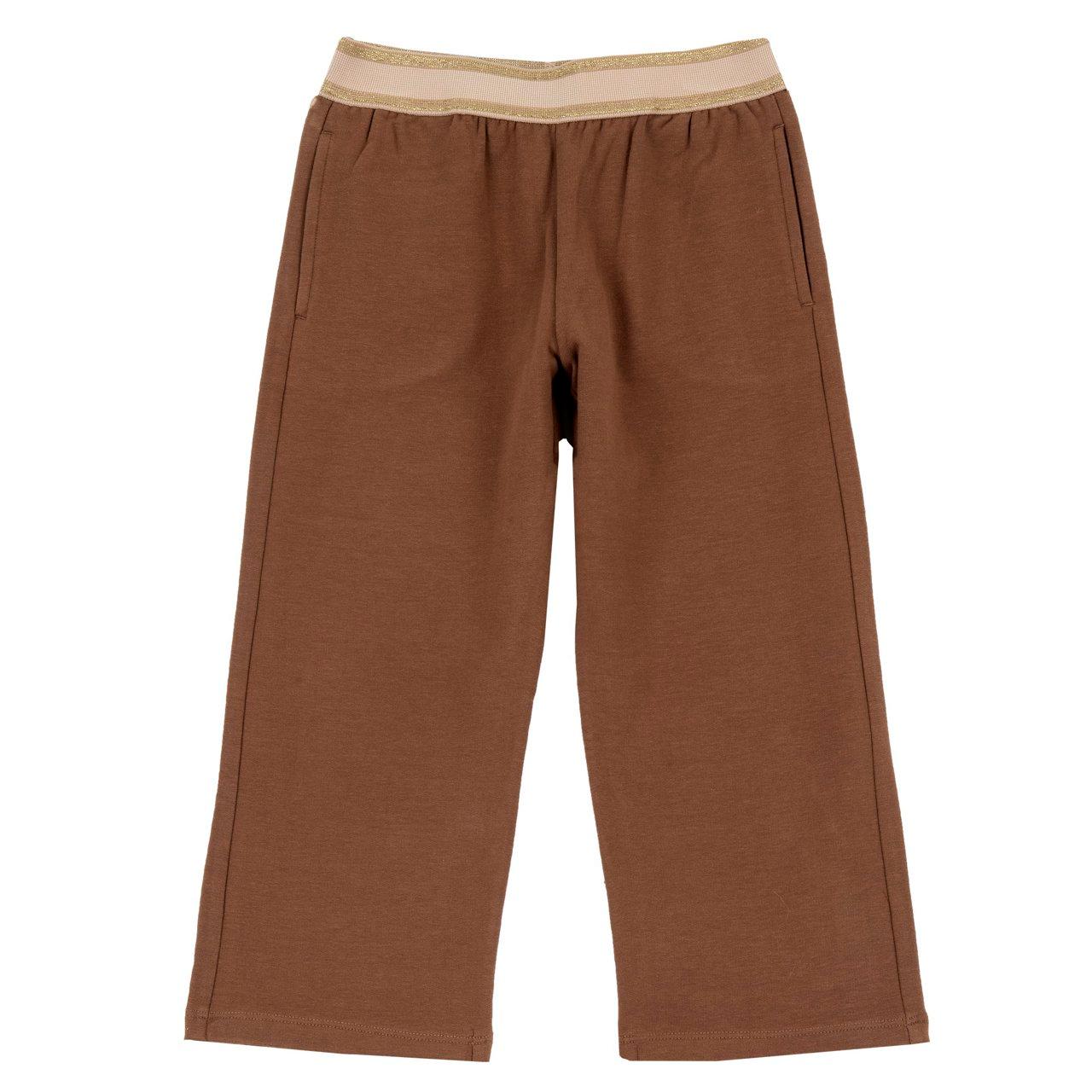 Pantaloni lunghi da bambina Chicco in felpa elasticizzata di cotone marrone, con vita a costine luminosa e tasche laterali, ideali per l'autunno/inverno. | Chicco