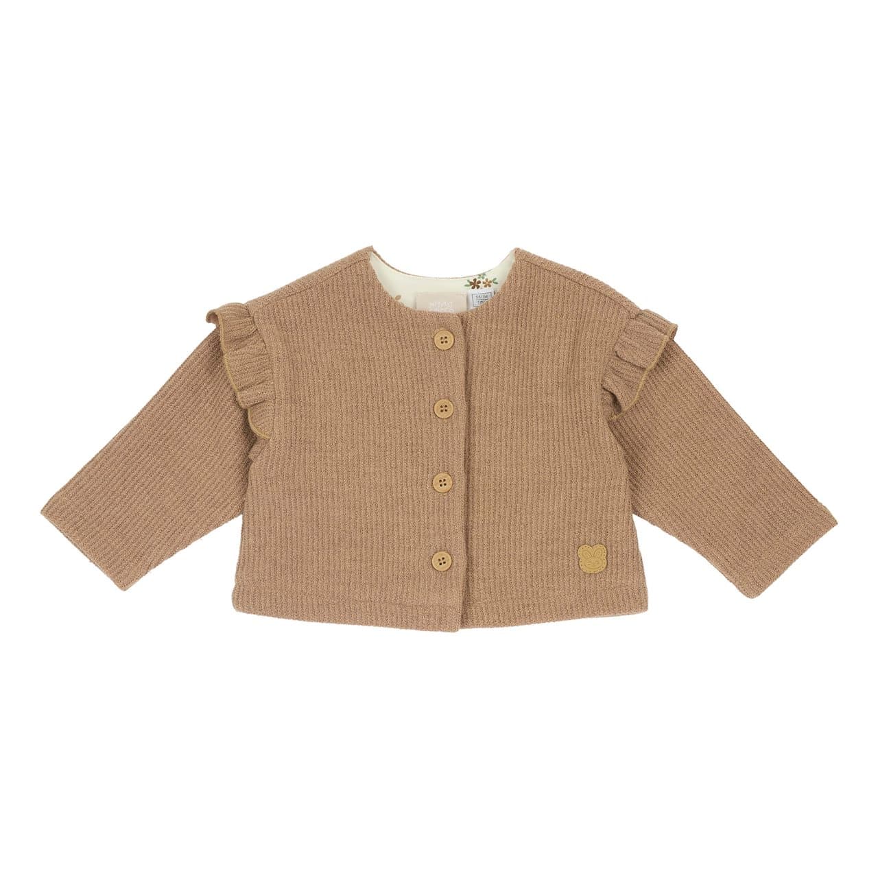 Cardigan girocollo marrone in maglia elasticizzata a costine per bambina Chicco, con bottoni effetto legno e fodera con stampa di coniglietti. | Chicco