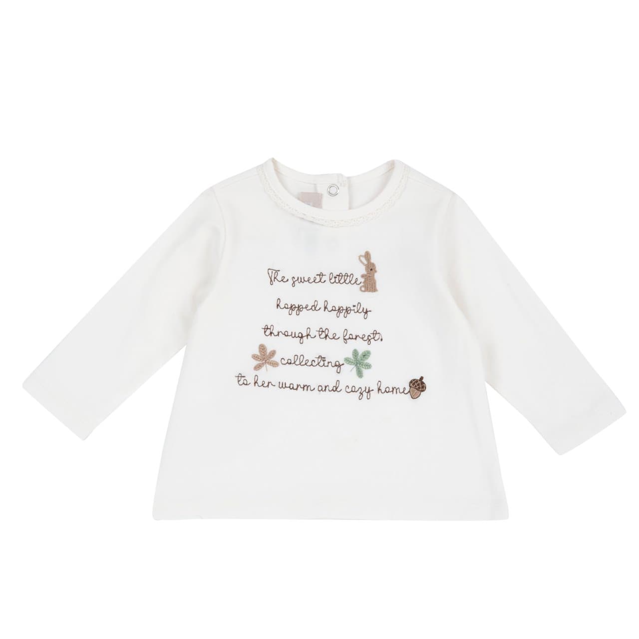 Maglietta a manica lunga Chicco per bambina in jersey elasticizzato bianco con ricamo di coniglietti, foglie e ghiande, certificata Oeko-Tex. | Chicco