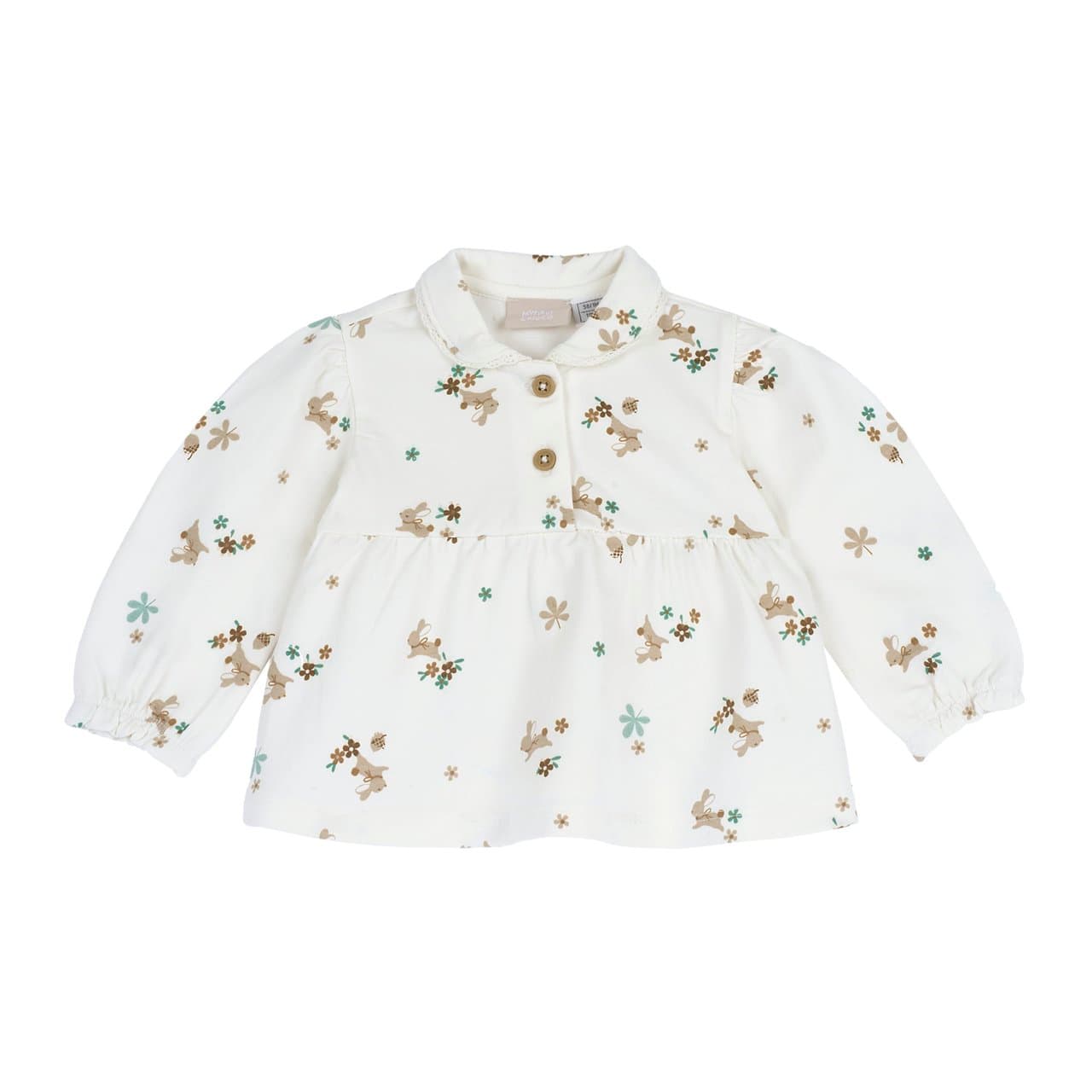 Maglietta a manica lunga Chicco bianca in jersey elasticizzato per bambina, con fantasia di coniglietti, nastro decorativo sul collo baby e bottoncini effetto legno per facilitare la vestizione. | Chicco