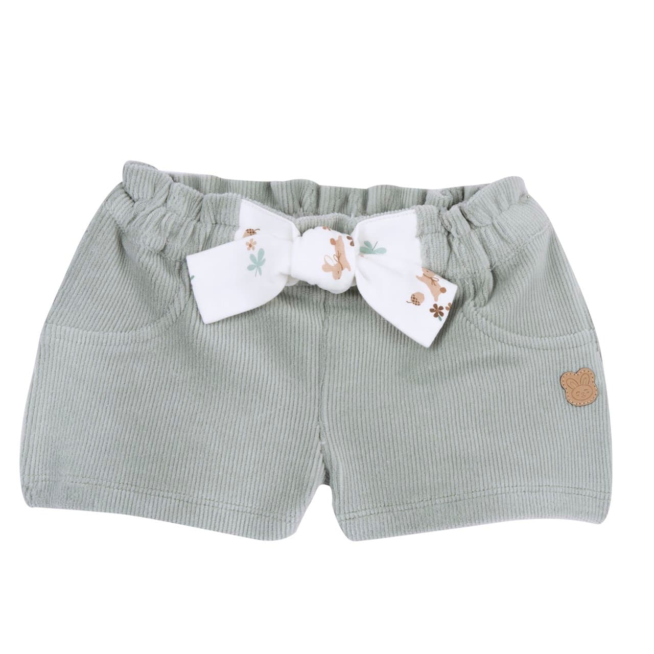 Pantaloni corti verdi da bambina Chicco in ciniglia a coste elasticizzata con stampa di coniglietti e vita elasticizzata. | Chicco