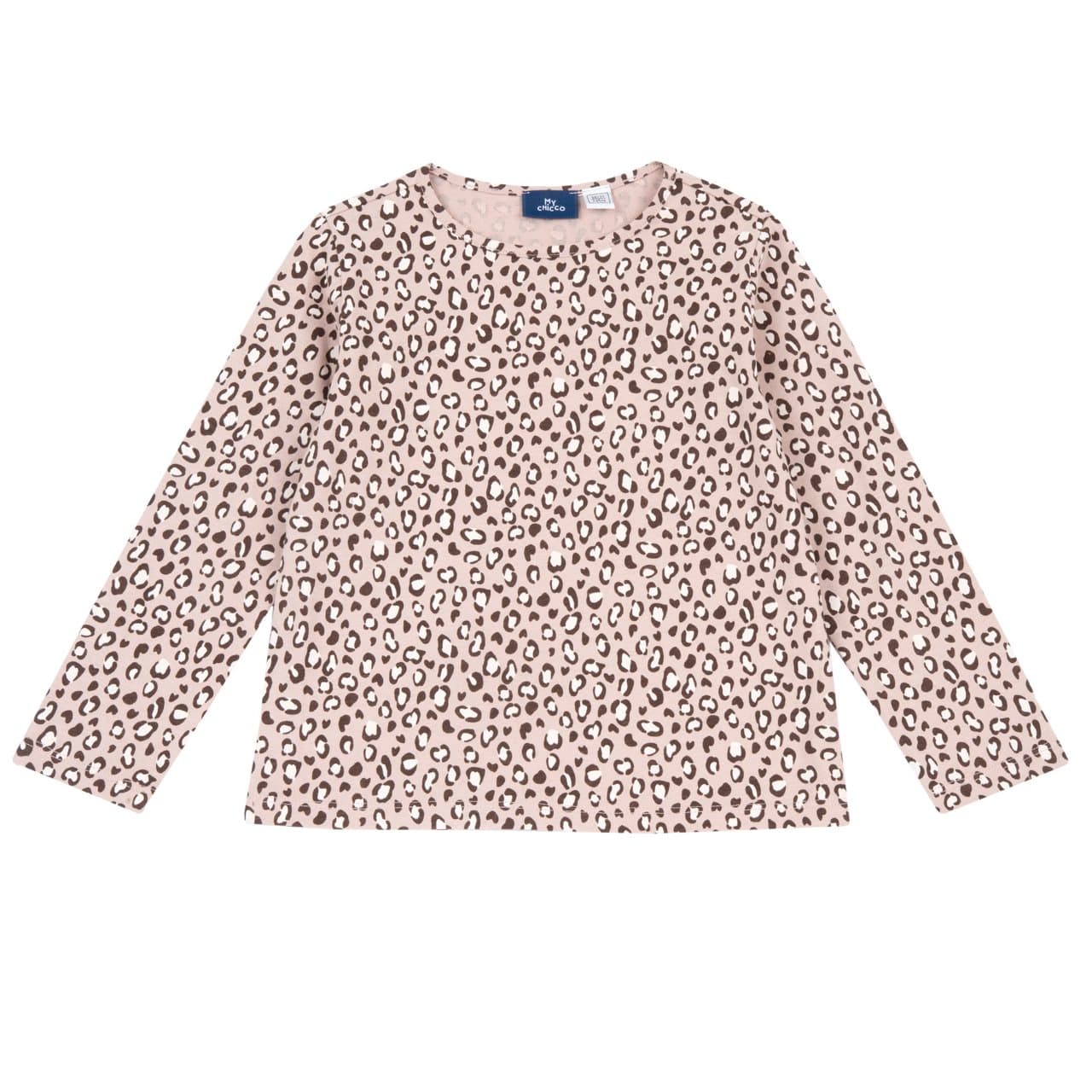 Maglietta a manica lunga Chicco rosa in caldo jersey di cotone con stampa fantasia maculata, girocollo e chiusura posteriore, certificata Oeko-Tex. | Chicco