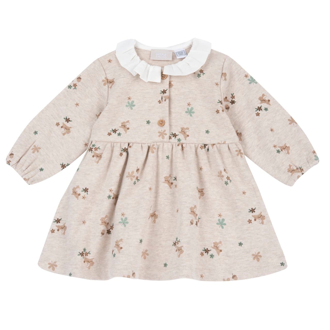 Vestito Chicco a manica lunga per bambina in interlock mélange bianco con stampa coniglietti, collo a corolla e bottoncini effetto legno. | Chicco