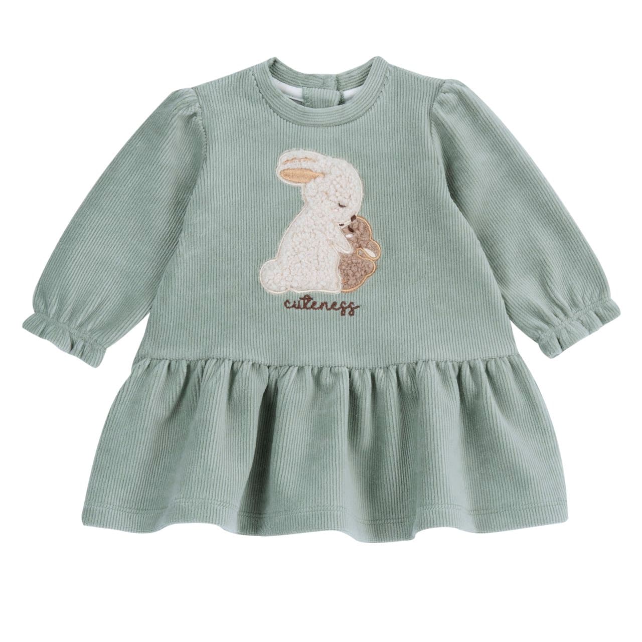 Vestito verde a manica lunga Chicco per bambina in ciniglia a coste elasticizzata con ricamo di coniglietti e bottoncini effetto legno. | Chicco