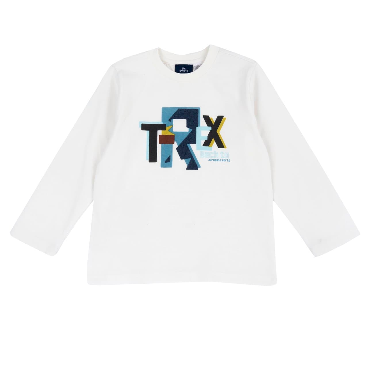Maglietta a manica lunga Chicco bianca in jersey 100% cotone per bambino, con collo girocollo e grafica effetto velluto, ideale per autunno/inverno. | Chicco