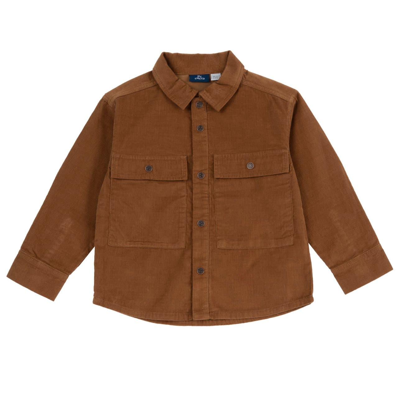 Camicia a manica lunga Chicco in velluto di cotone marrone per bambino, con bottoni automatici effetto rame e ampie tasche applicate. | Chicco