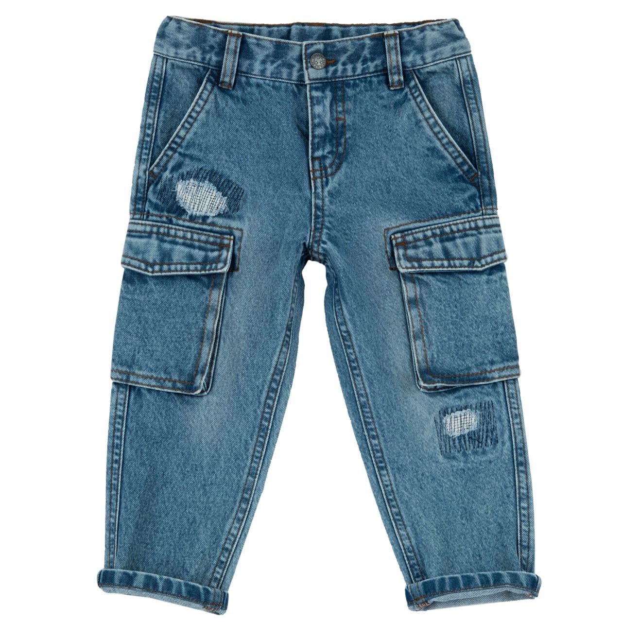 Pantaloni lunghi jeans cargo Chicco blu in denim 100% cotone per bambino, con tasche laterali, vita regolabile e rotture decorative rinforzate. | Chicco