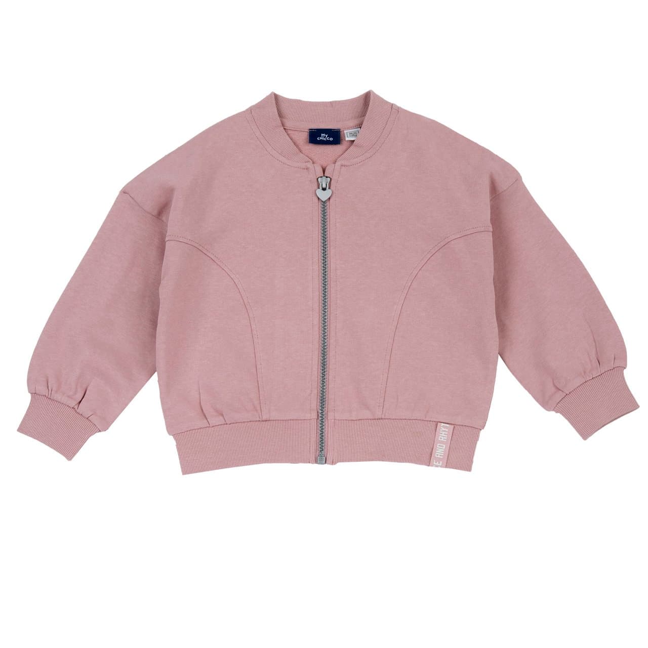 Felpa con zip Chicco rosa per bambina, cardigan bomber in cotone non garzato con zip metallizzata a contrasto e protezione salvazip. | Chicco